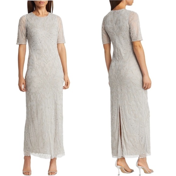 NWT Pisarro Nights Size 14 Silver Embellished Chiffon Gown - Picture 1 of 12